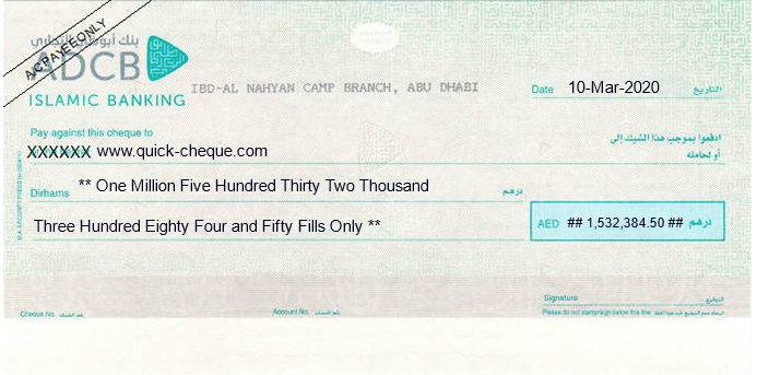 Printed Cheque for ADCB - Abu Dhabi Commercial Bank Islamic Banking Cheque UAE