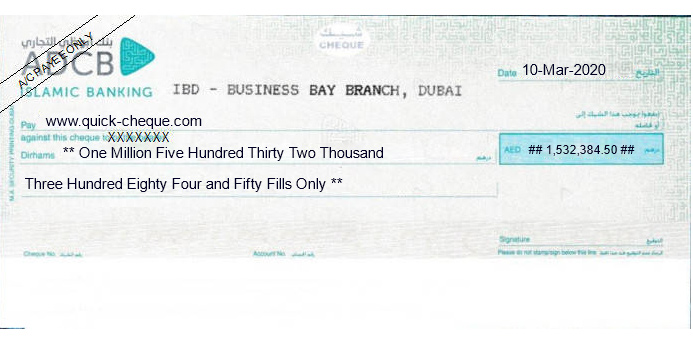 Printed Cheque for ADCB - Abu Dhabi Commercial Bank Islamic Banking Commercial Cheque UAE