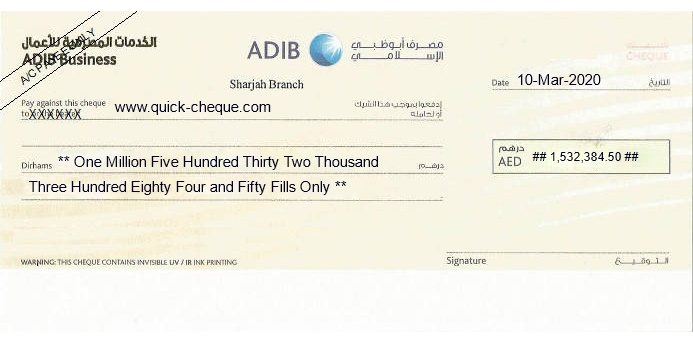 Printed Cheque for ADIB - Abu Dhabi Islamic Bank UAE