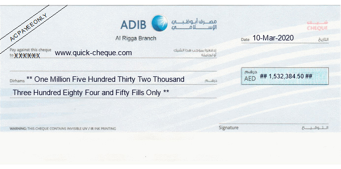 Printed Personal Cheque for ADIB - Abu Dhabi Islamic Bank UAE