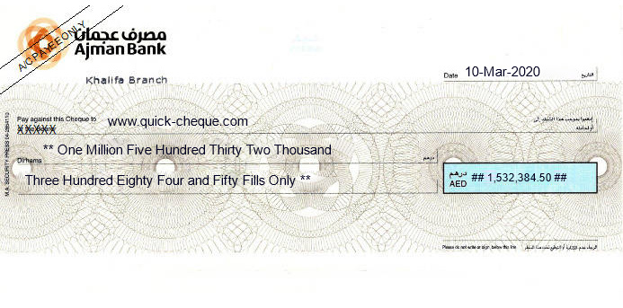 Printed Cheque for Ajman Bank UAE